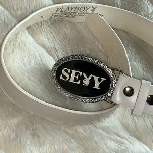 Vtg 90s RARE PLAYBOY bunny Spinner sparkling jewelled buckle white belt M